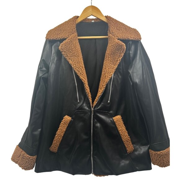 Sherpa Aviator Jacket Womens Large Faux Leather Black Brown Teddy Collar Fall - Picture 1 of 7